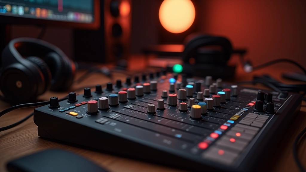 Kompaktní audio mixér se sluchátky a kabely na temném stole v studiové místnosti