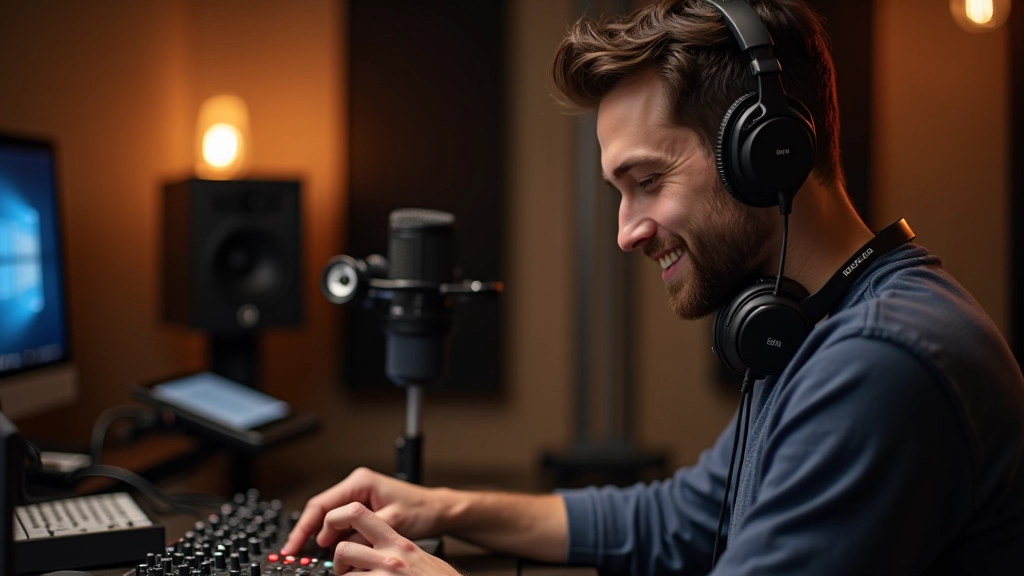 Podcastér pracující v profesionálním studiu s audio mixérem Kompakt Pro, mikrofon na rameně, sluchátka na krku, přátelská atmosféra